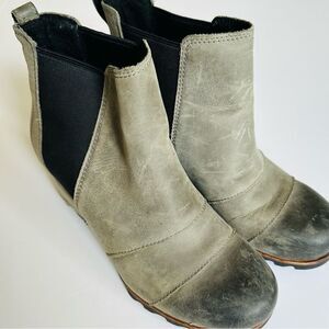 Sorel Womens SZ 6.5 Lea Wedge Joan Of Arctic Ankle Bootie Boot Shoe Gray Leather